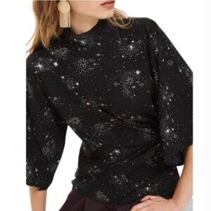 Topshop Origami Tuck Blouse Size 8 Black White Star Print 3/4 Kimono Sleeves